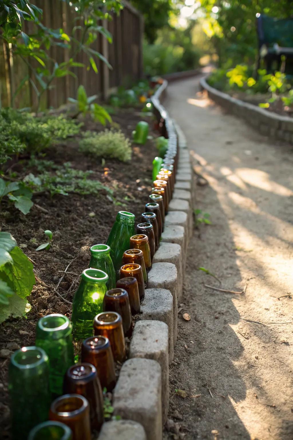 Transform your garden with whimsical charm using recycled glass bottle edging.