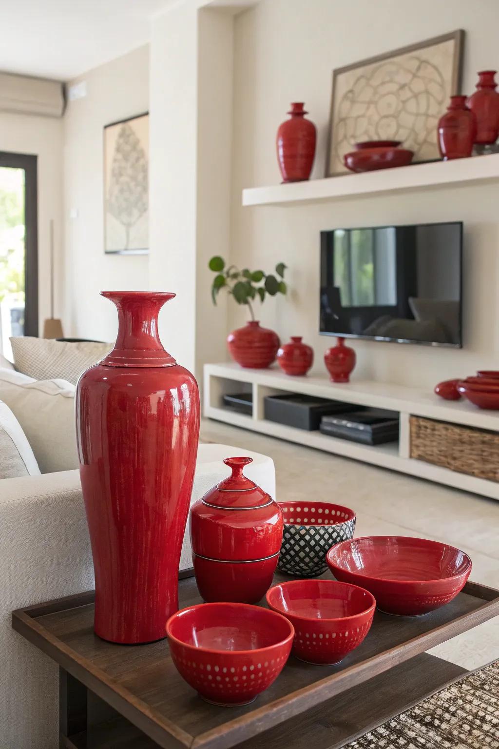 Red ceramics add a pop of color and texture.