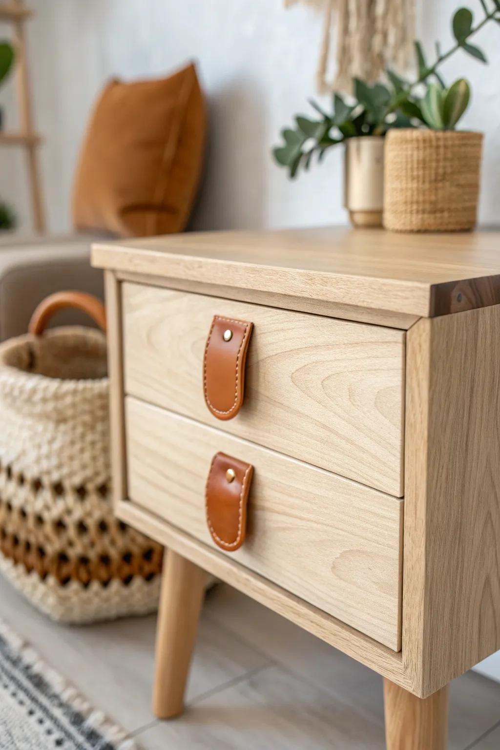 Elevate your end table with chic leather pulls for a touch of contemporary elegance.