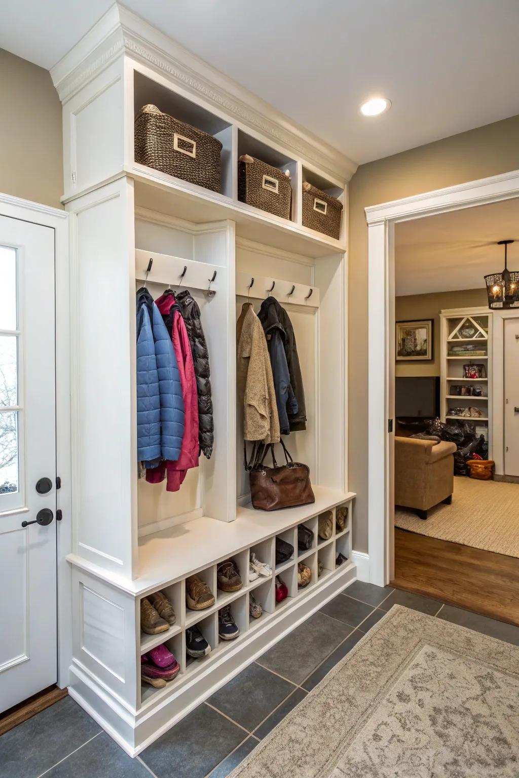 A mudroom armoire brings order to daily life with smart storage solutions.