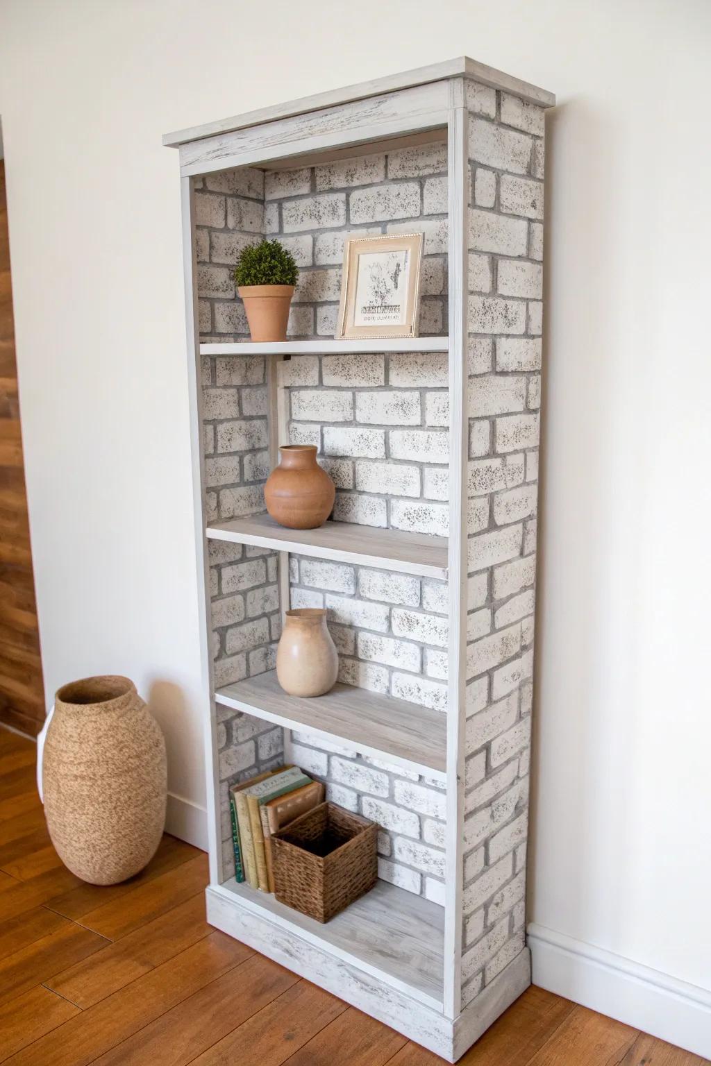 Elevate your space with a textured faux brick bookshelf that marries urban chic with minimalist elegance.