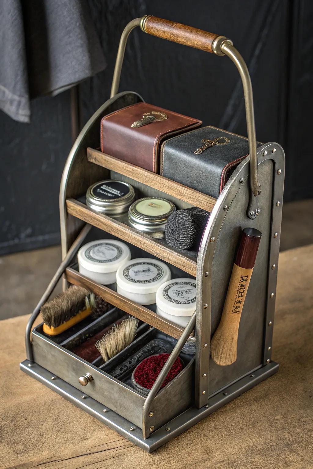Transform your style with this upcycled metal shoe shine stand—where craftsmanship meets elegance.