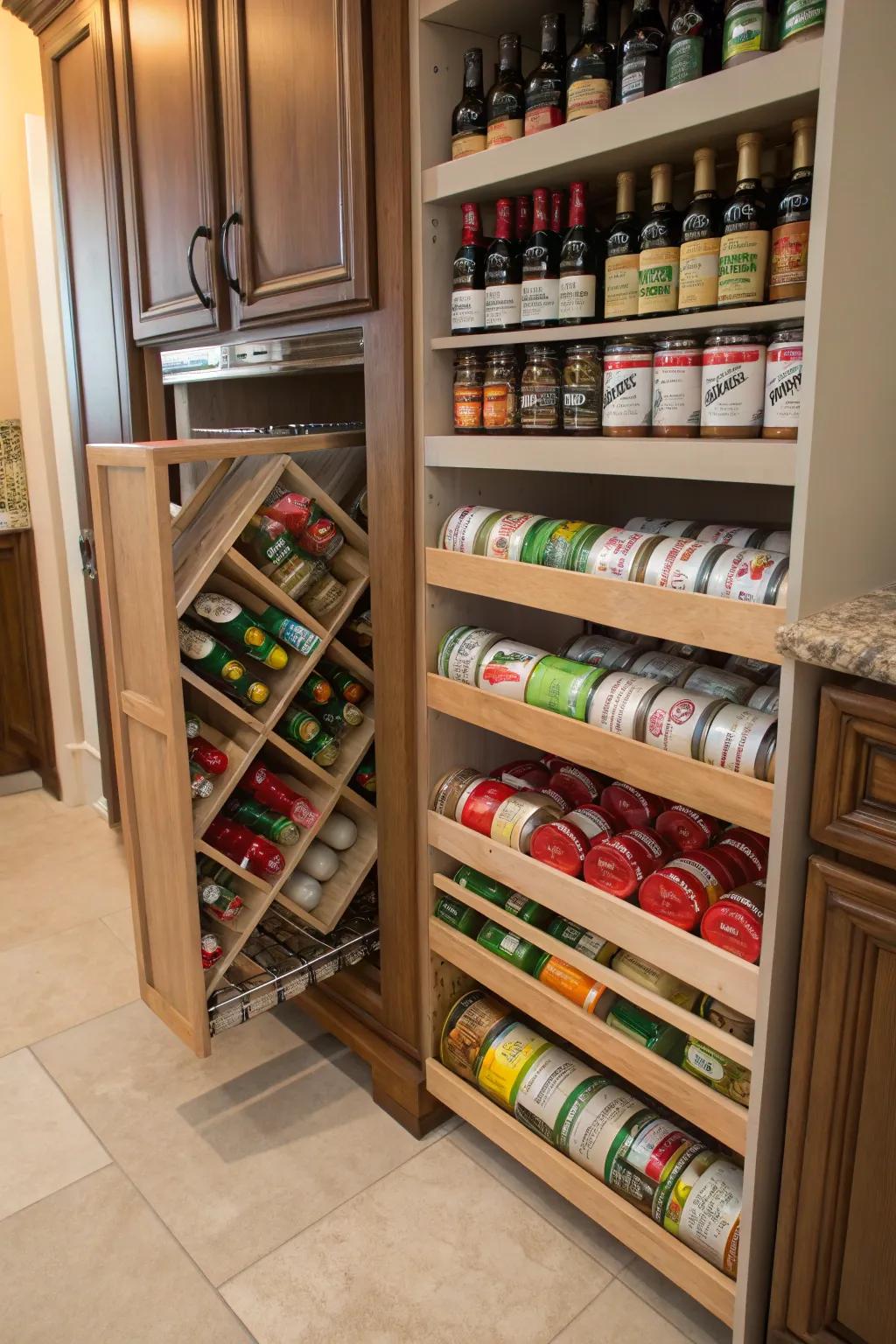 A practical pantry organizer using a wine rack.