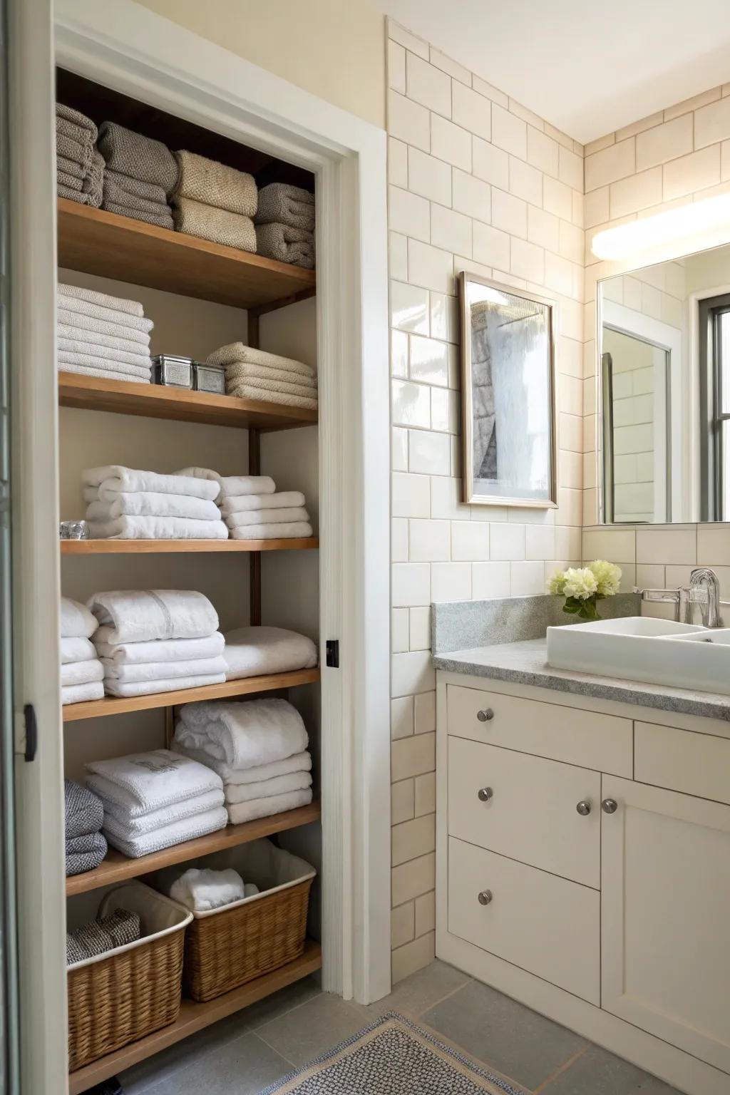 Open linen closets provide easy access and a touch of luxury.