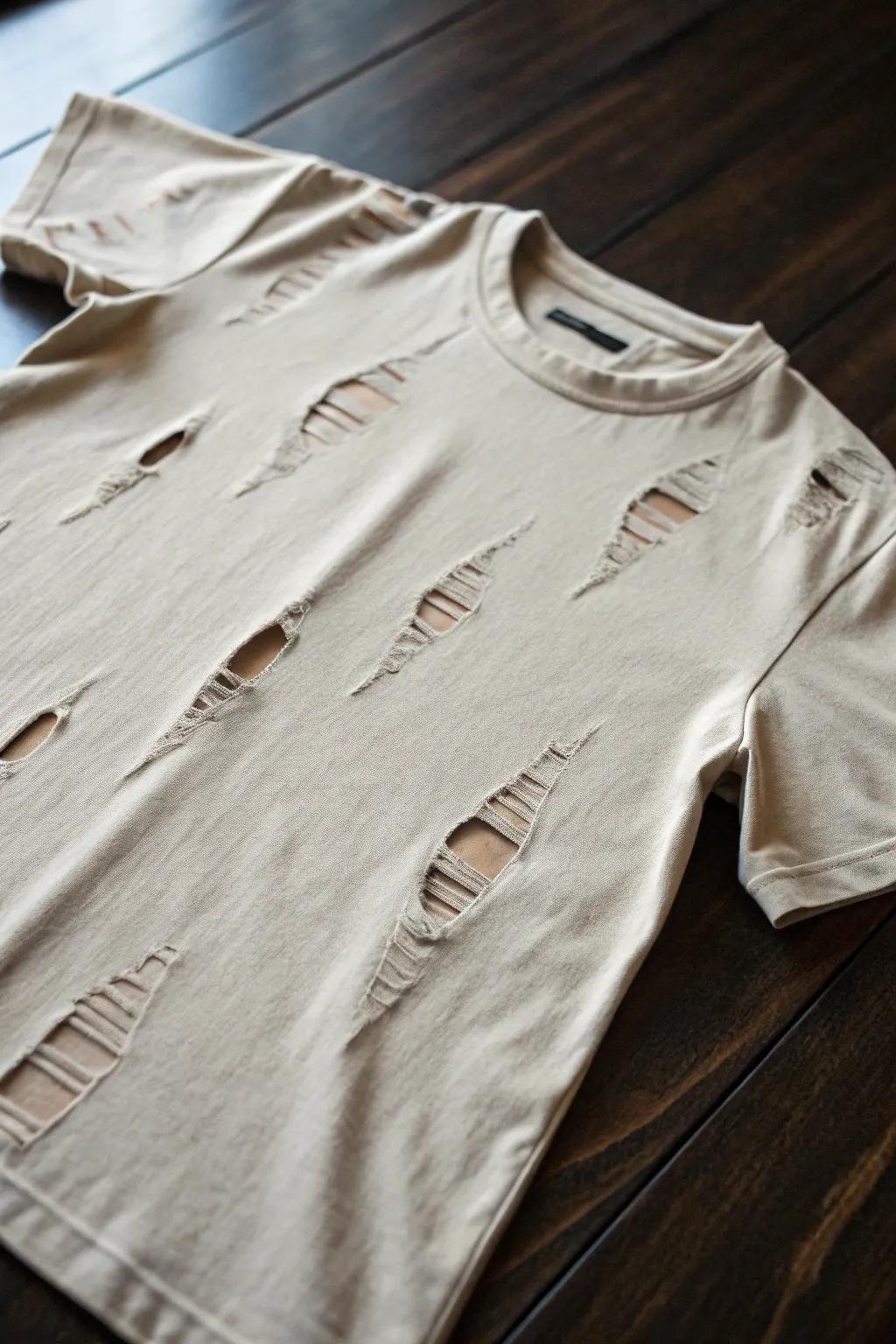 Transform your tee with stylish diagonal rips—where craftsmanship meets casual chic.
