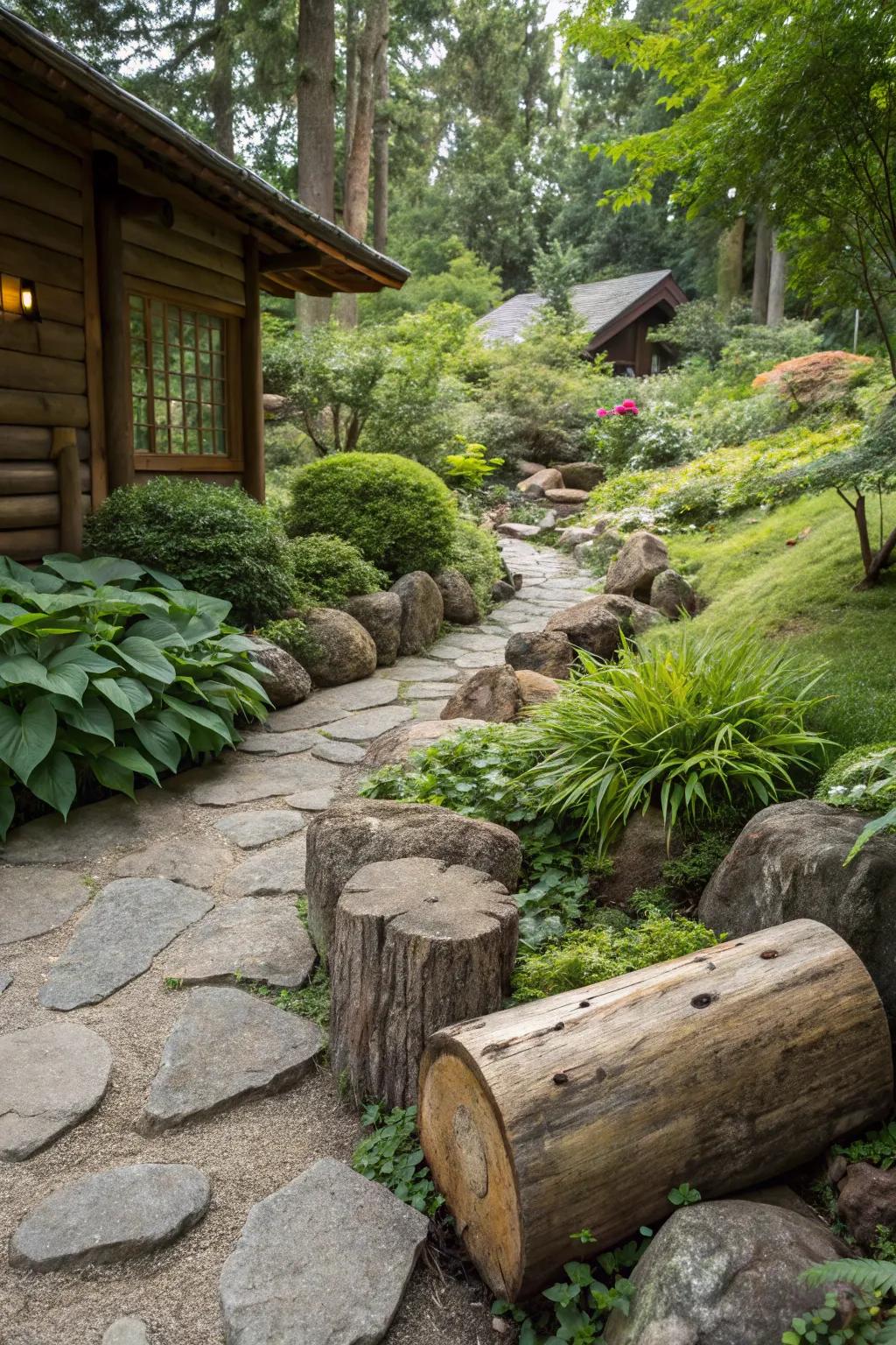 A log border adds woodland charm to a rock garden.