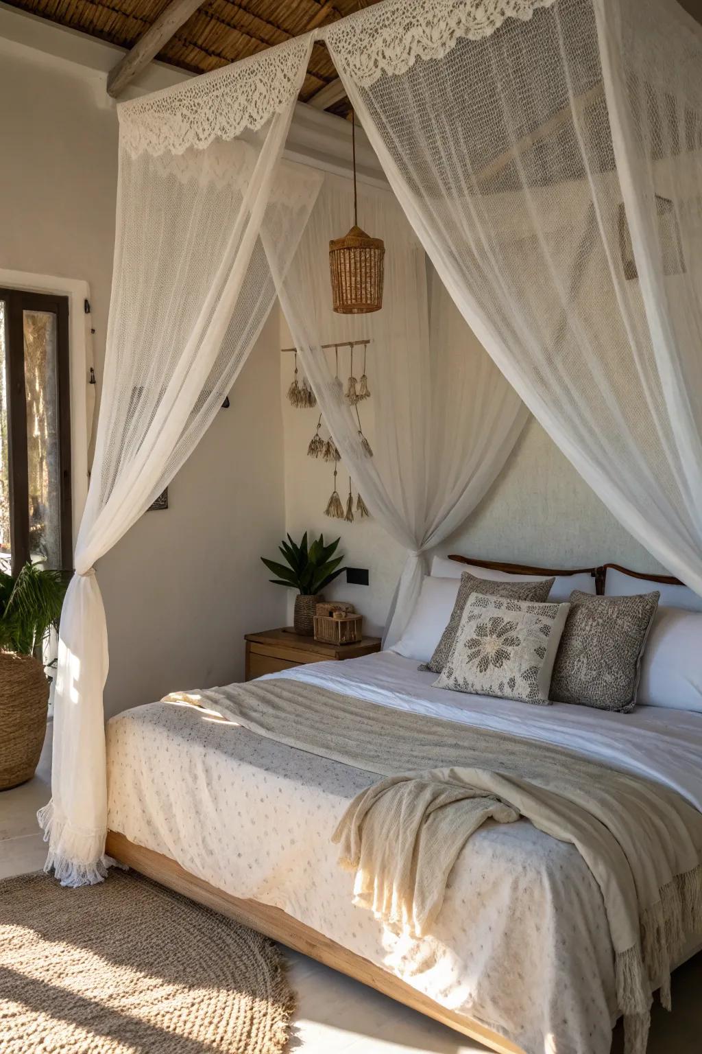 A wall canopy adds drama and elegance to the bedroom.