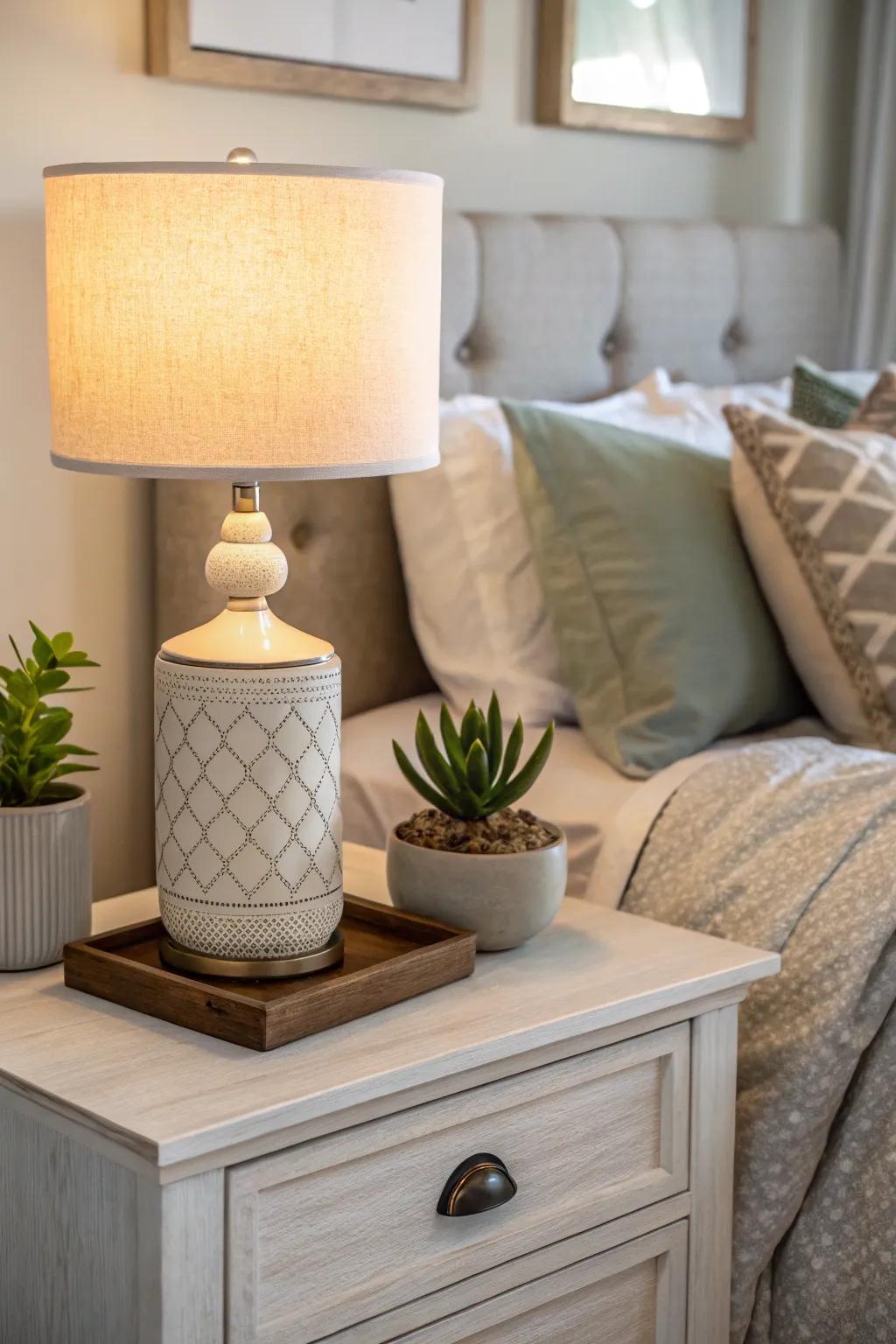 Bedside table featuring a calming faux succulent.