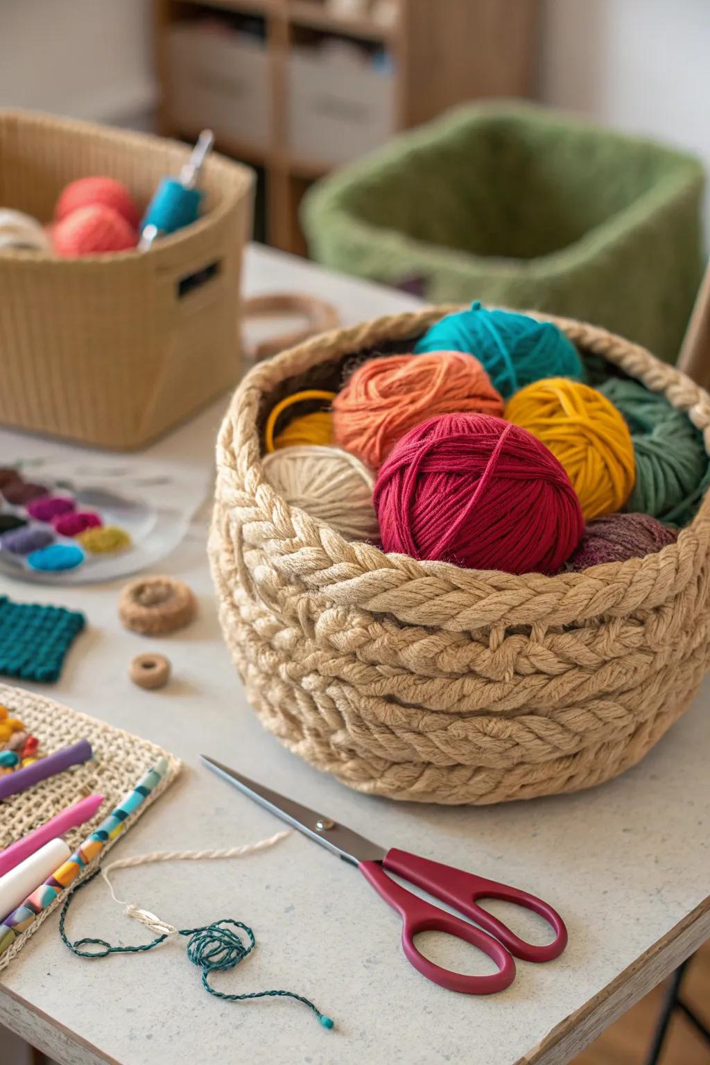 A rope basket keeps craft supplies neatly organized.