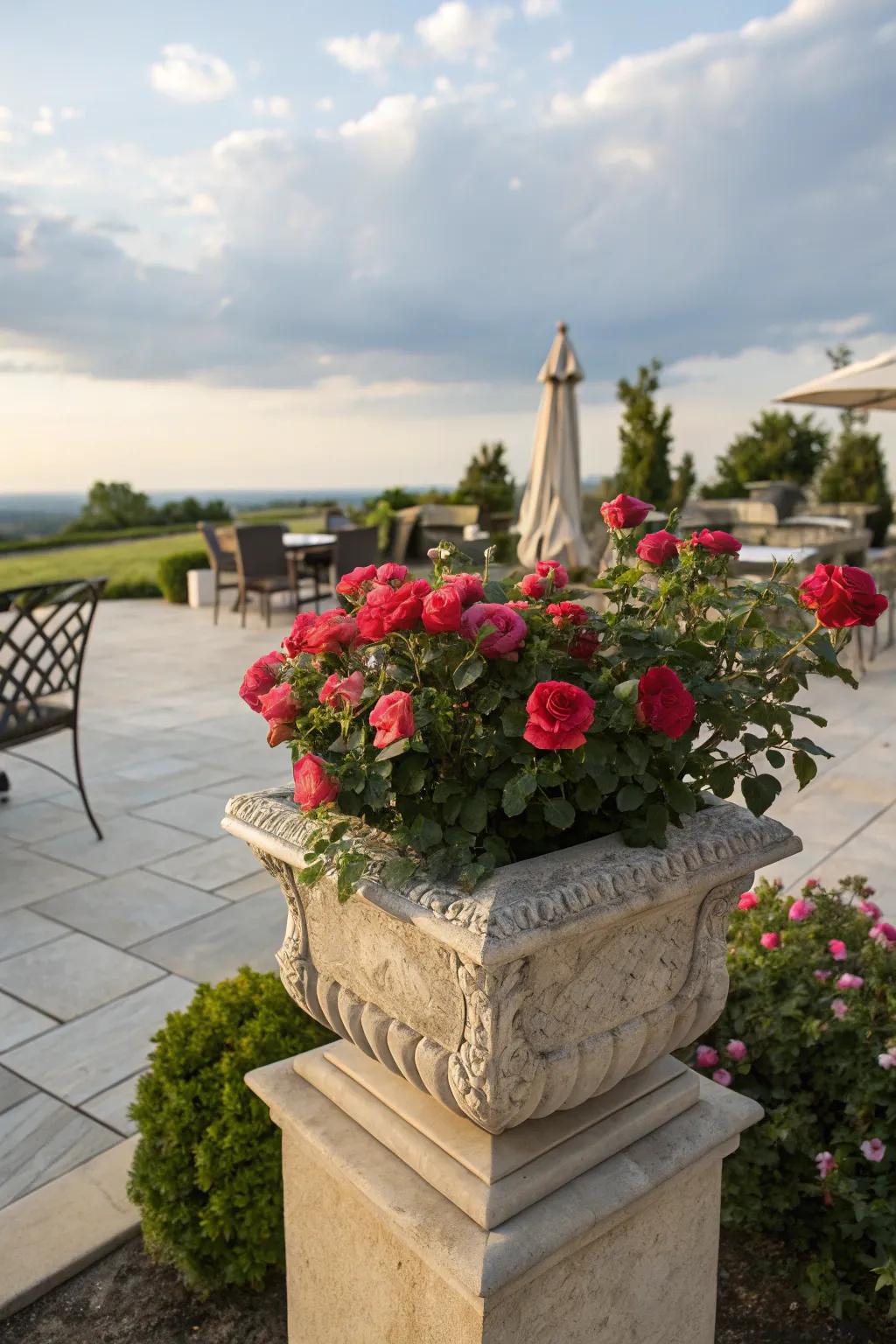 Roses in a stone planter provide an earthy, natural elegance.