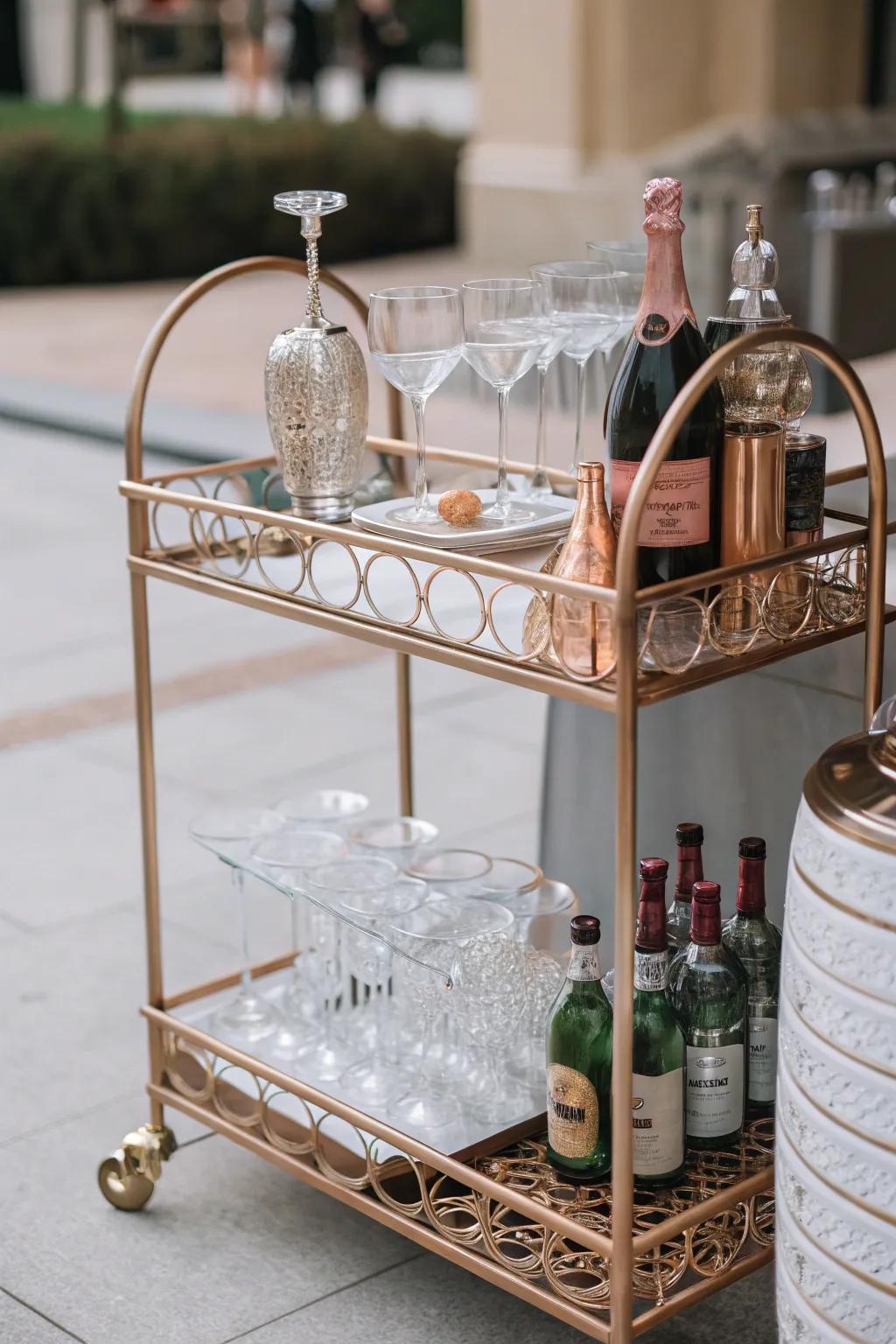 Bar carts serve as both functional and decorative elements.