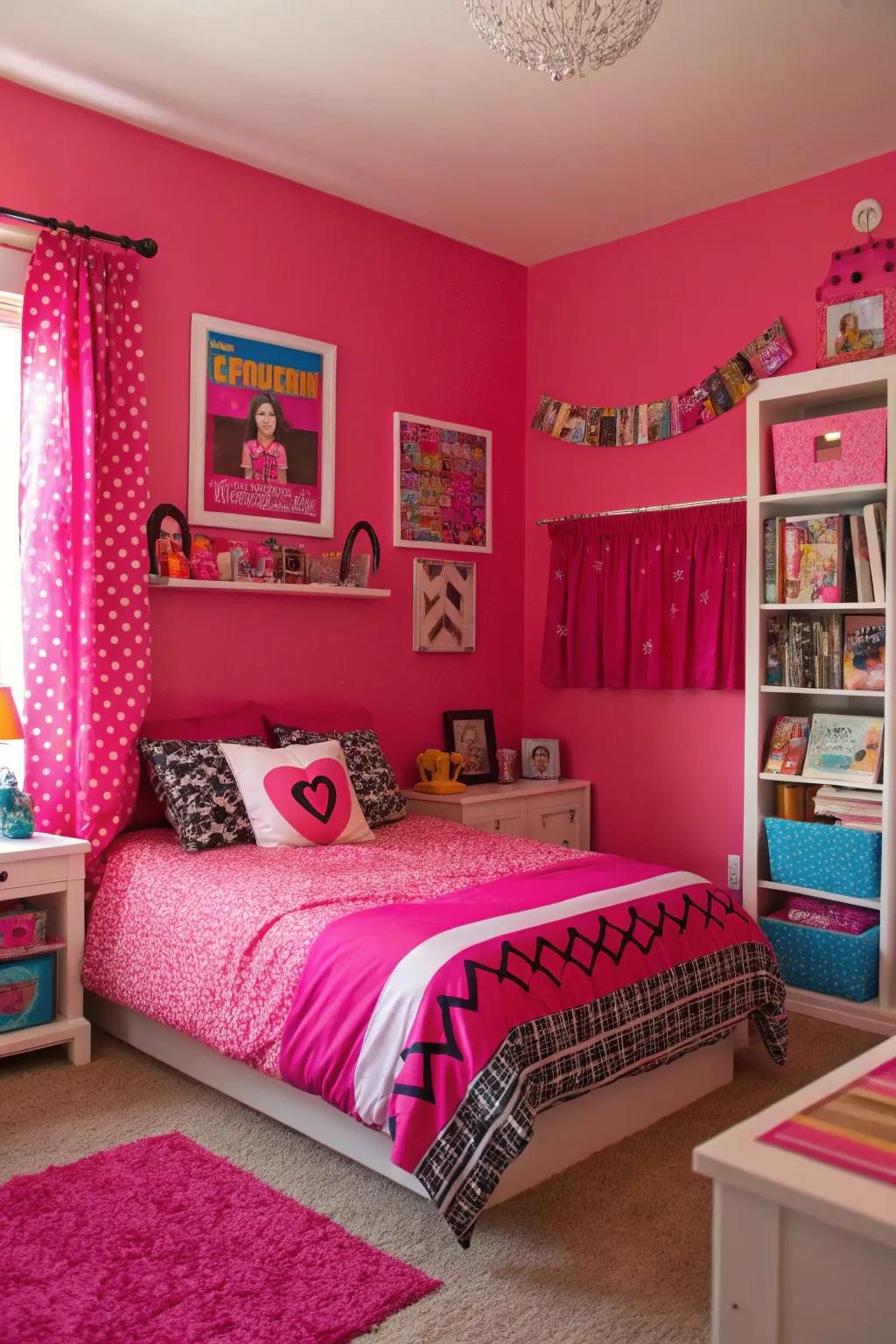 Hot pink bedroom full of energy and personality.