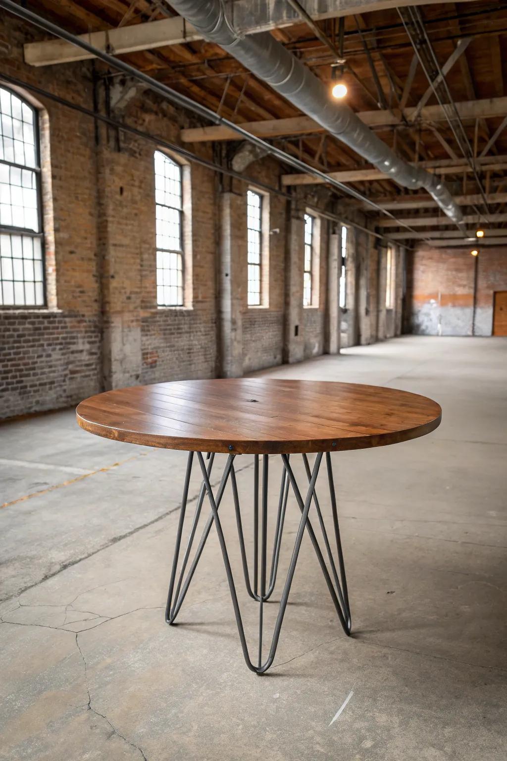 Metal accents bring an industrial chic vibe to your round table.