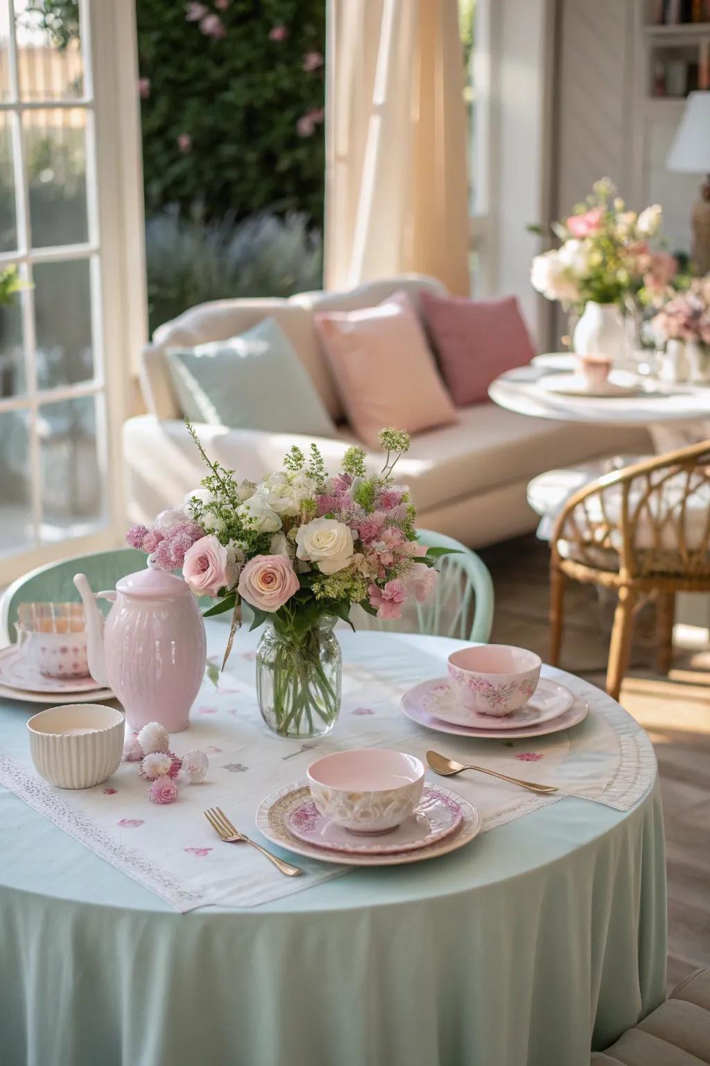 Soft pastel round tables introduce a soothing color palette to any space.