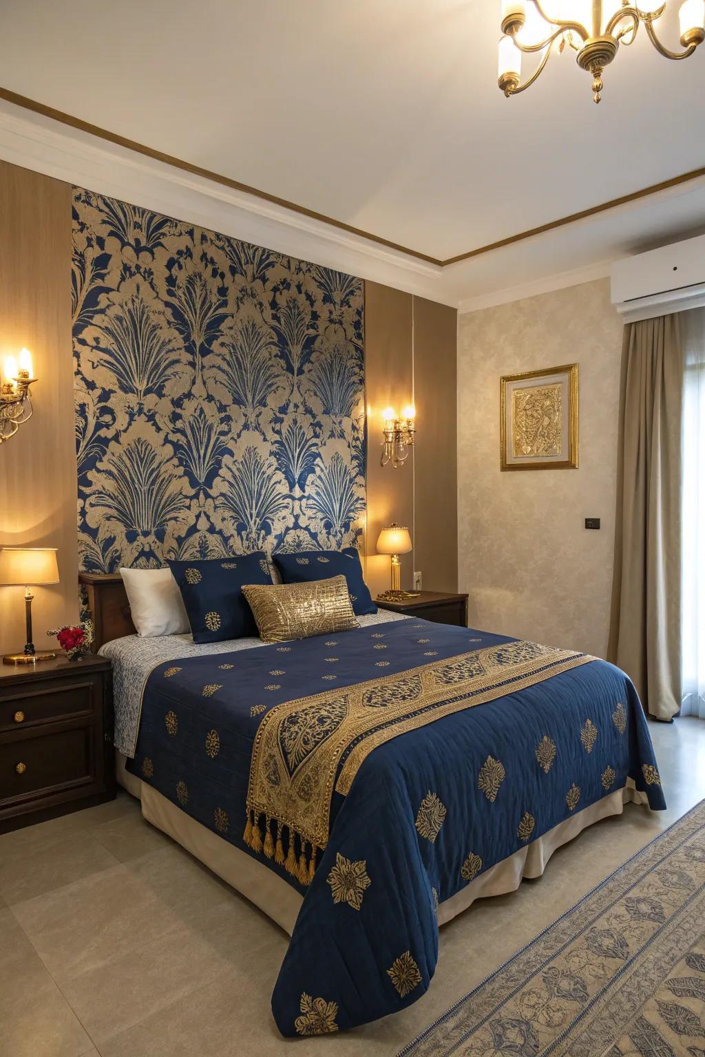 A royal blue and gold accent wall complements the bedding.