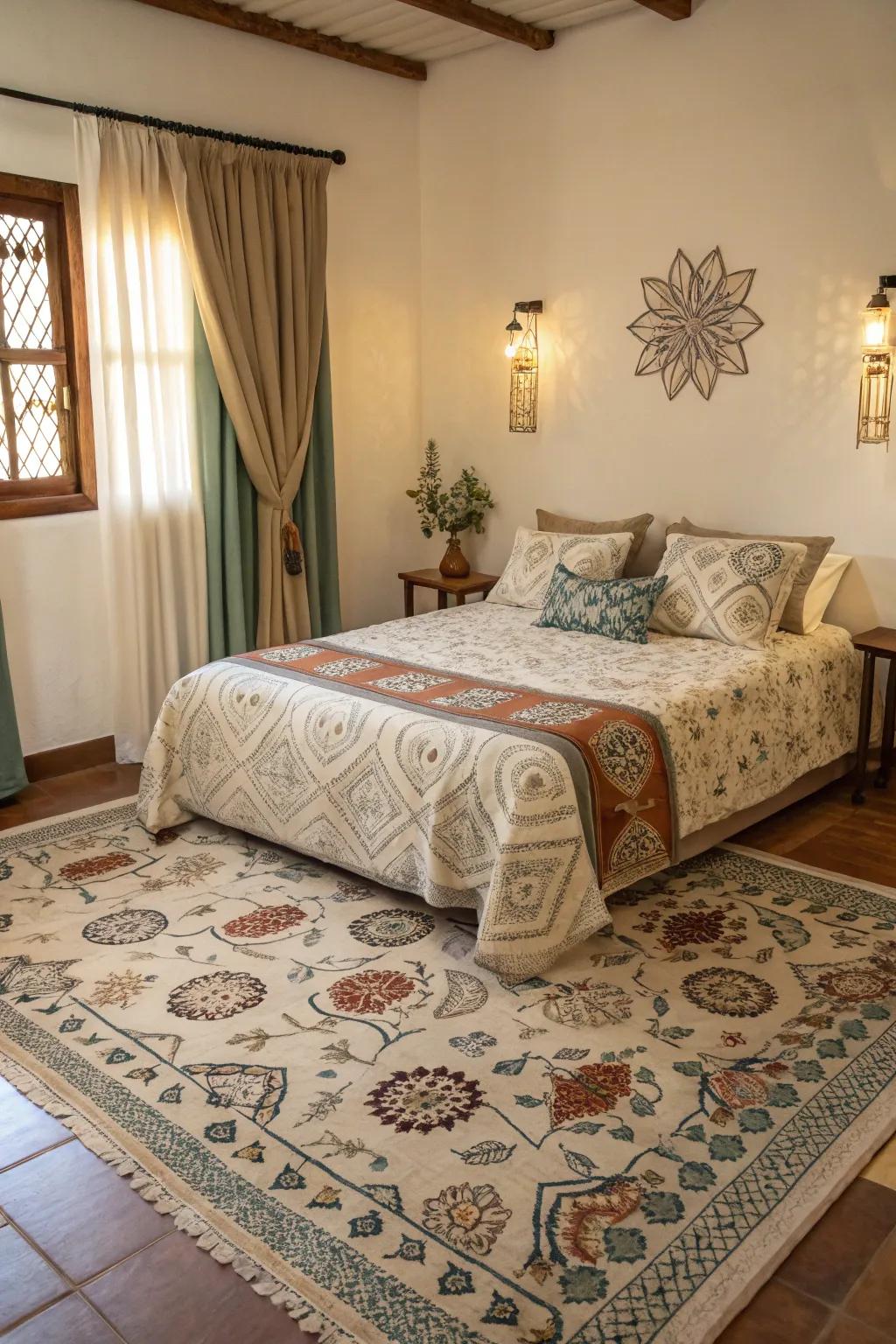 Matching patterns between a rug and bedroom textiles create a harmonious look.