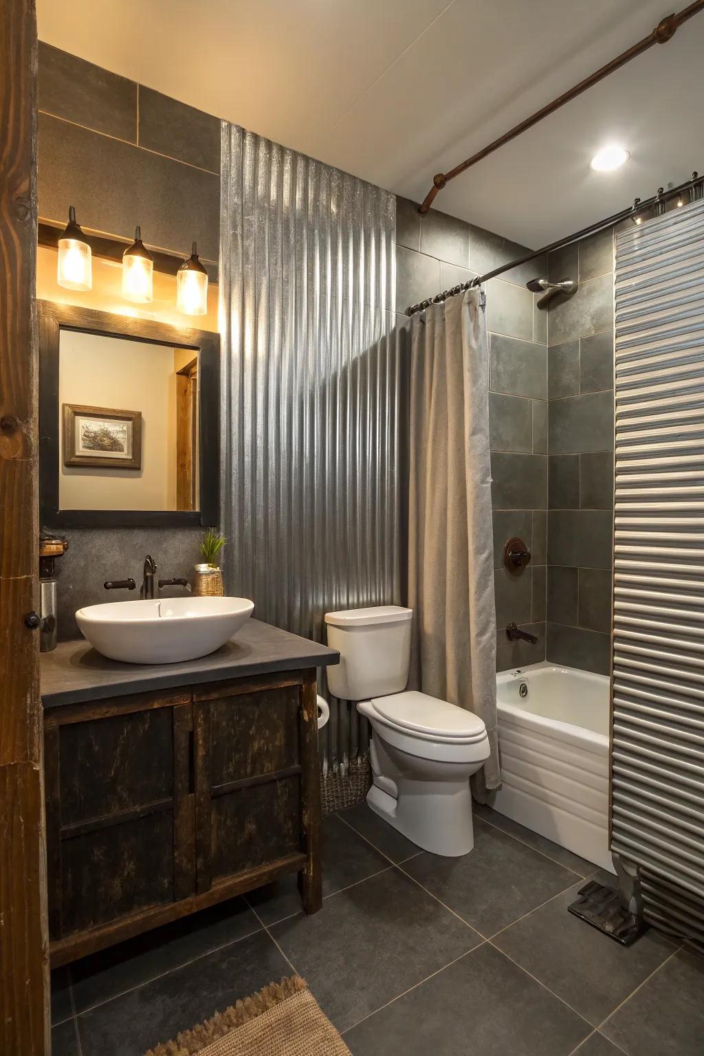 Bathroom fixtures accented with corrugated metal enhance the rustic theme.