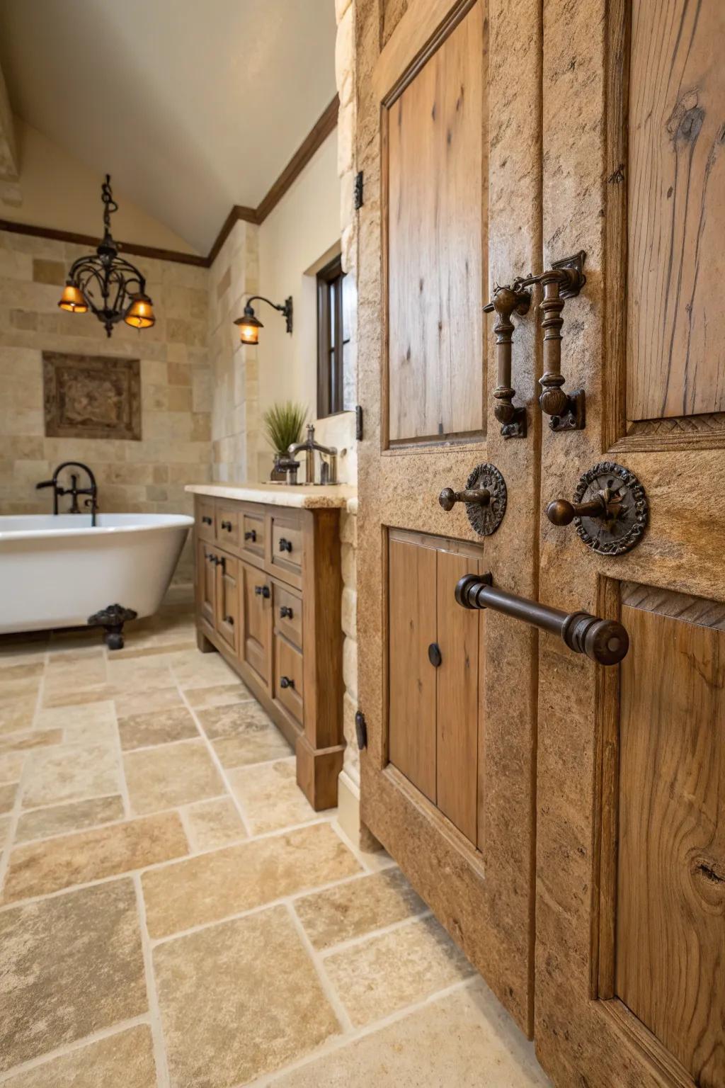 Rustic hardware enhances the rugged elegance of a travertine bathroom.