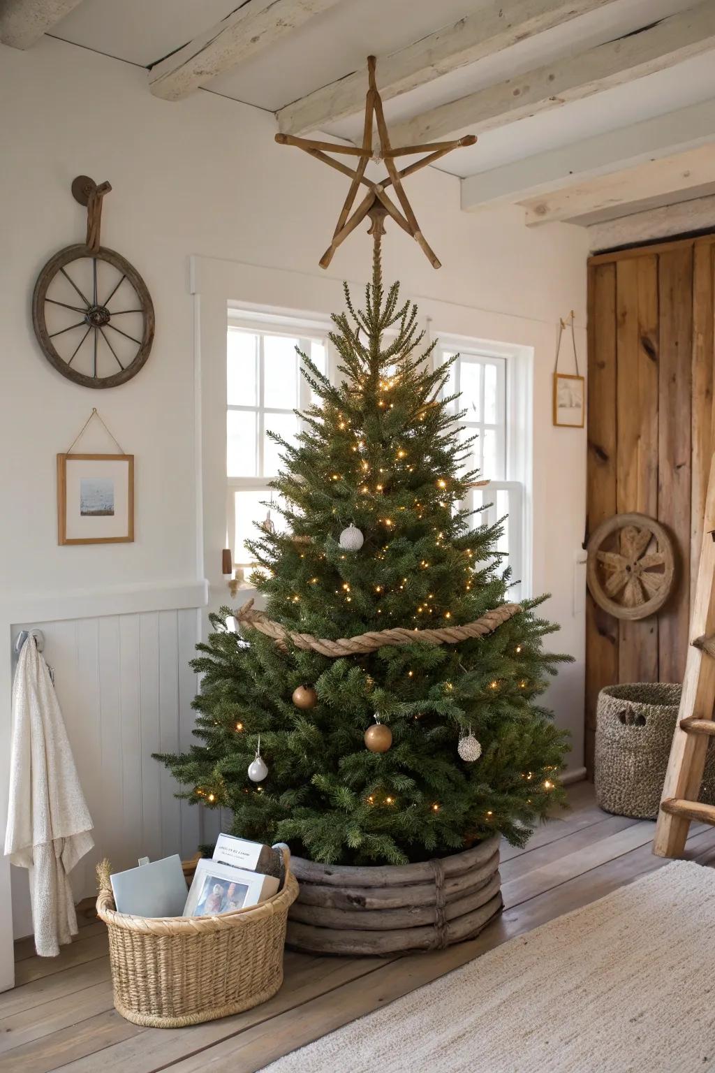 A driftwood star brings a coastal twist to the rustic Christmas tree.