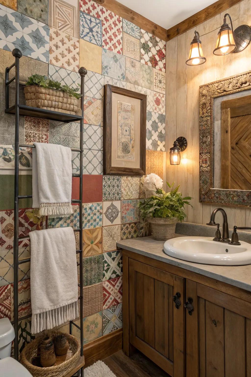 Patchwork wallpaper for a cozy, cottage-like bathroom.