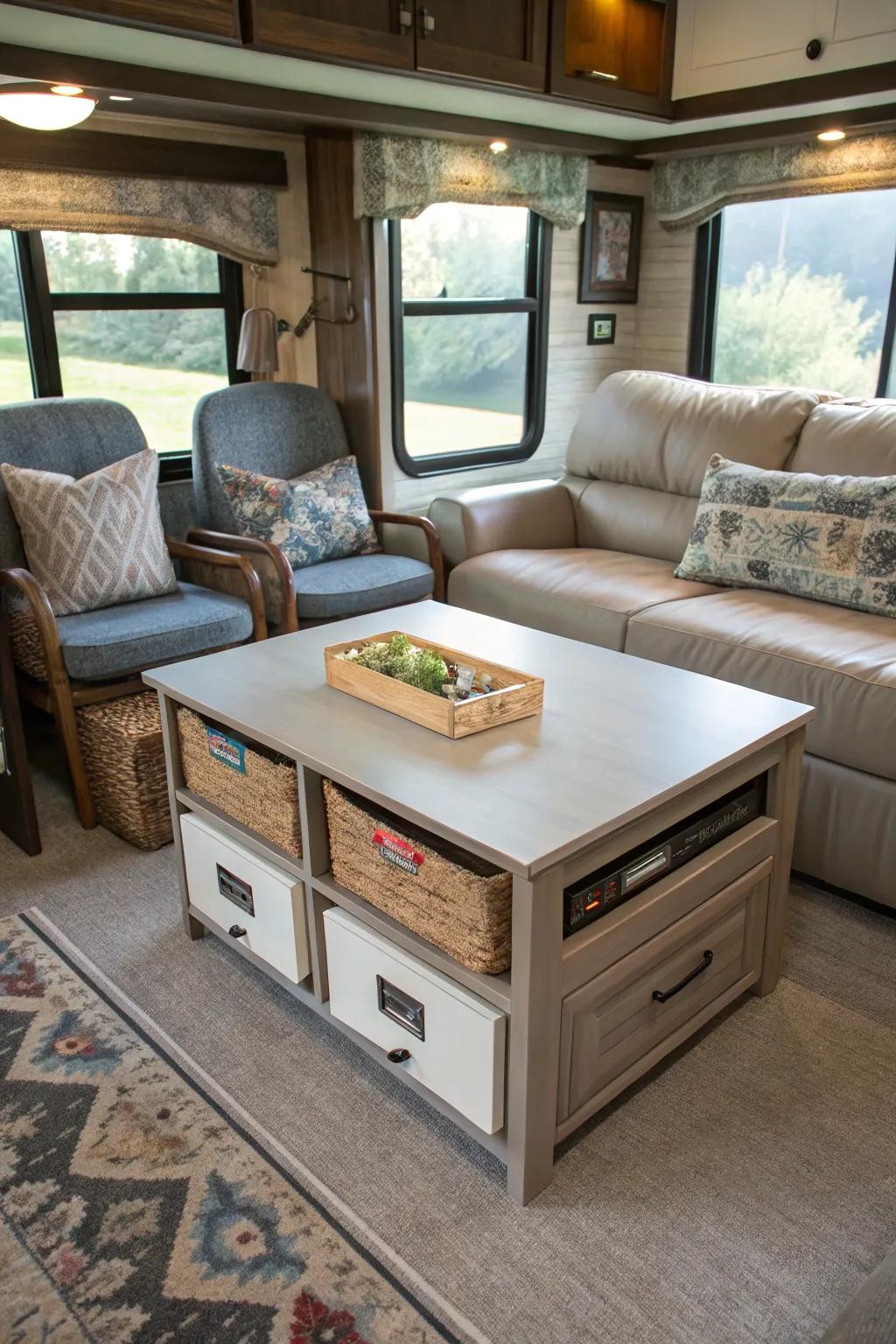 A compact coffee table adds function and style without overwhelming your RV space.