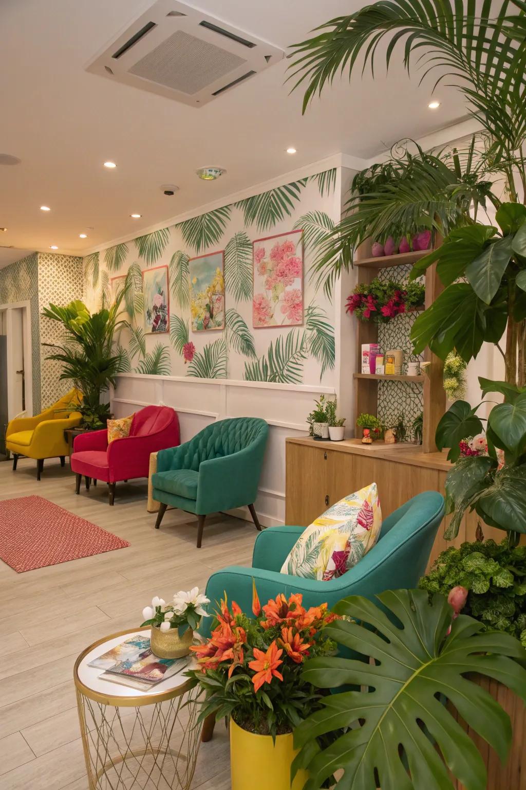 Tropical vibes create a refreshing salon waiting area.