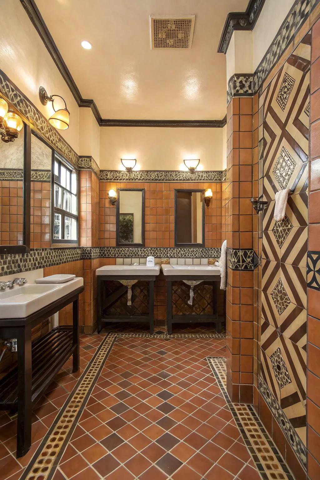 An Art Deco bathroom featuring Saltillo tile flooring and bold geometric patterns.