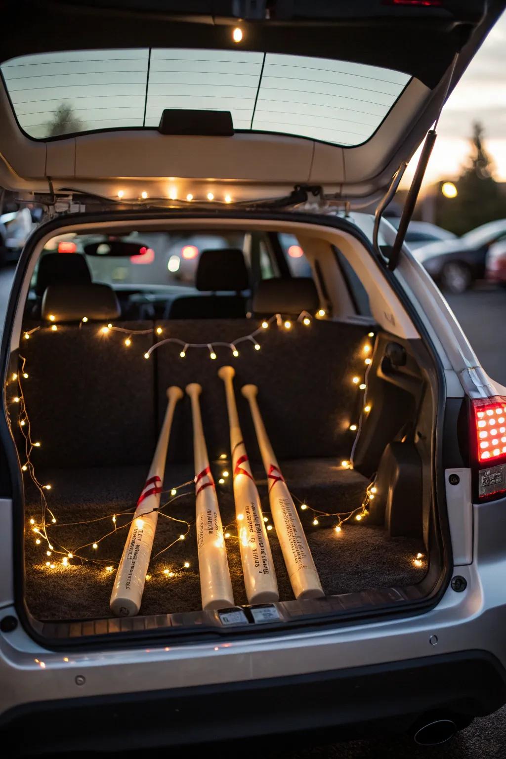 Baseball bat lights add a warm glow, perfect for evening trunk or treat events.