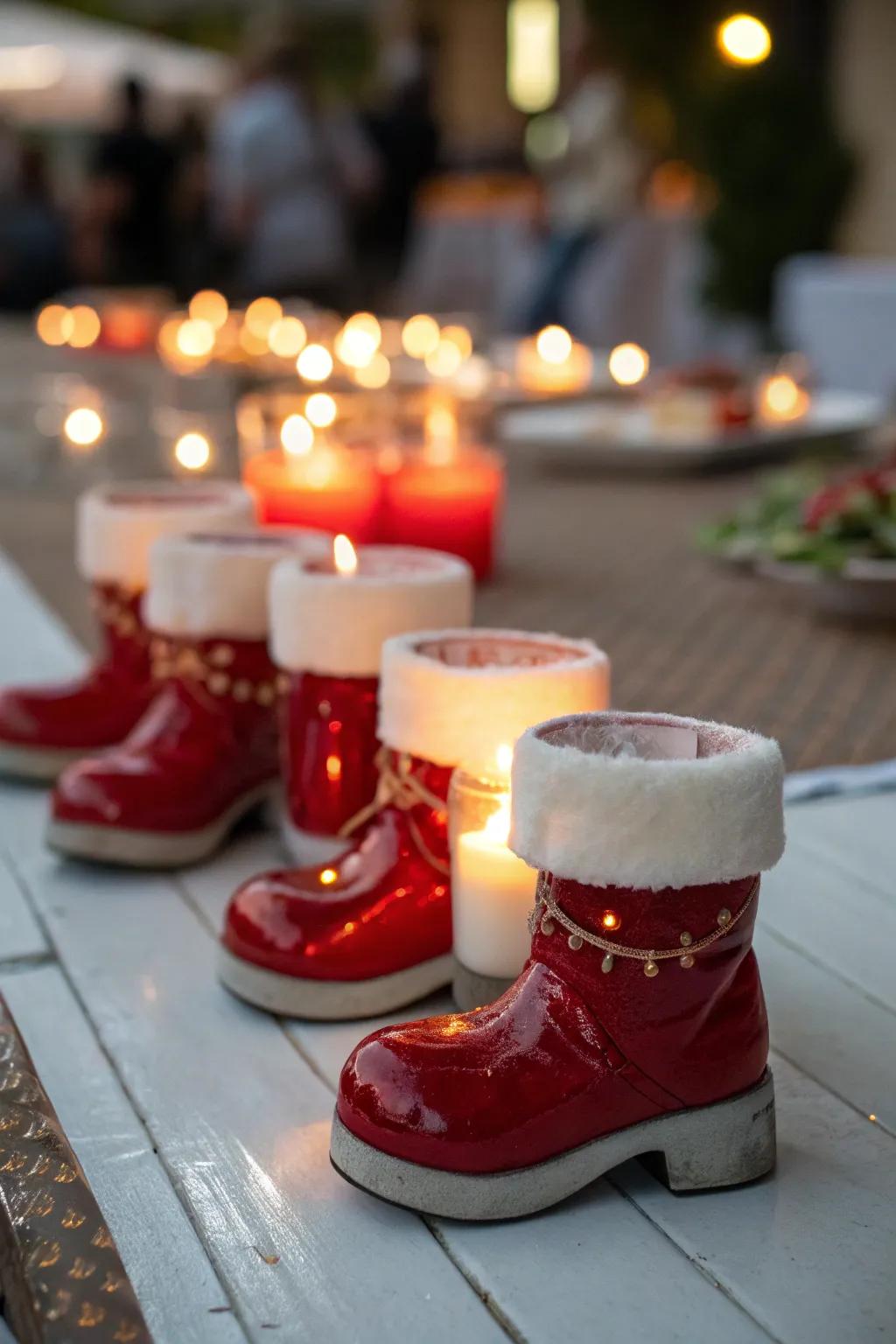 Create a warm glow with Santa boots candle holders.