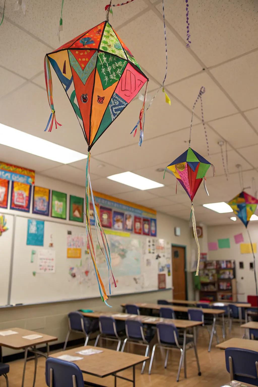 Colorful kites bring a joyful and dynamic vibe to the classroom.