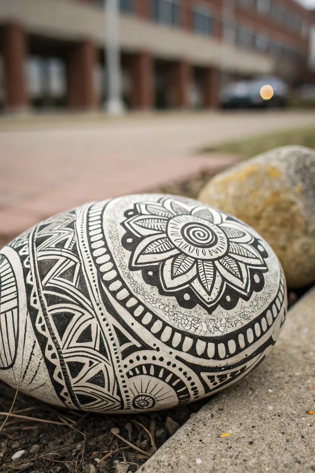 A calming Zentangle rock painting with intricate patterns.