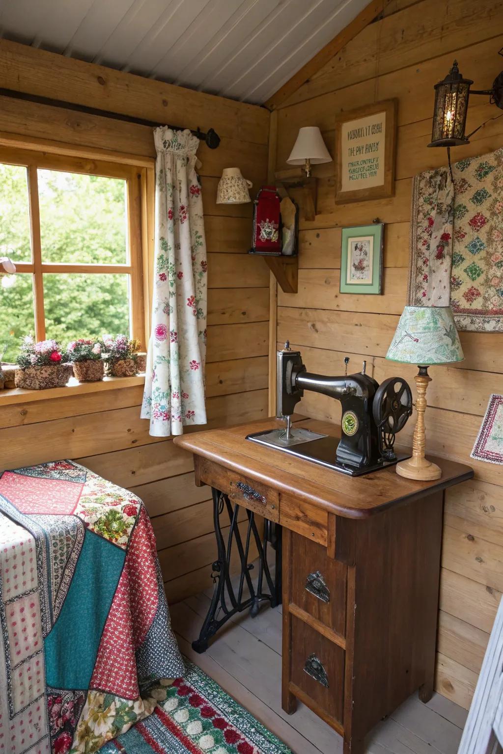 Vintage elements add charm and character to a she shed craft room.