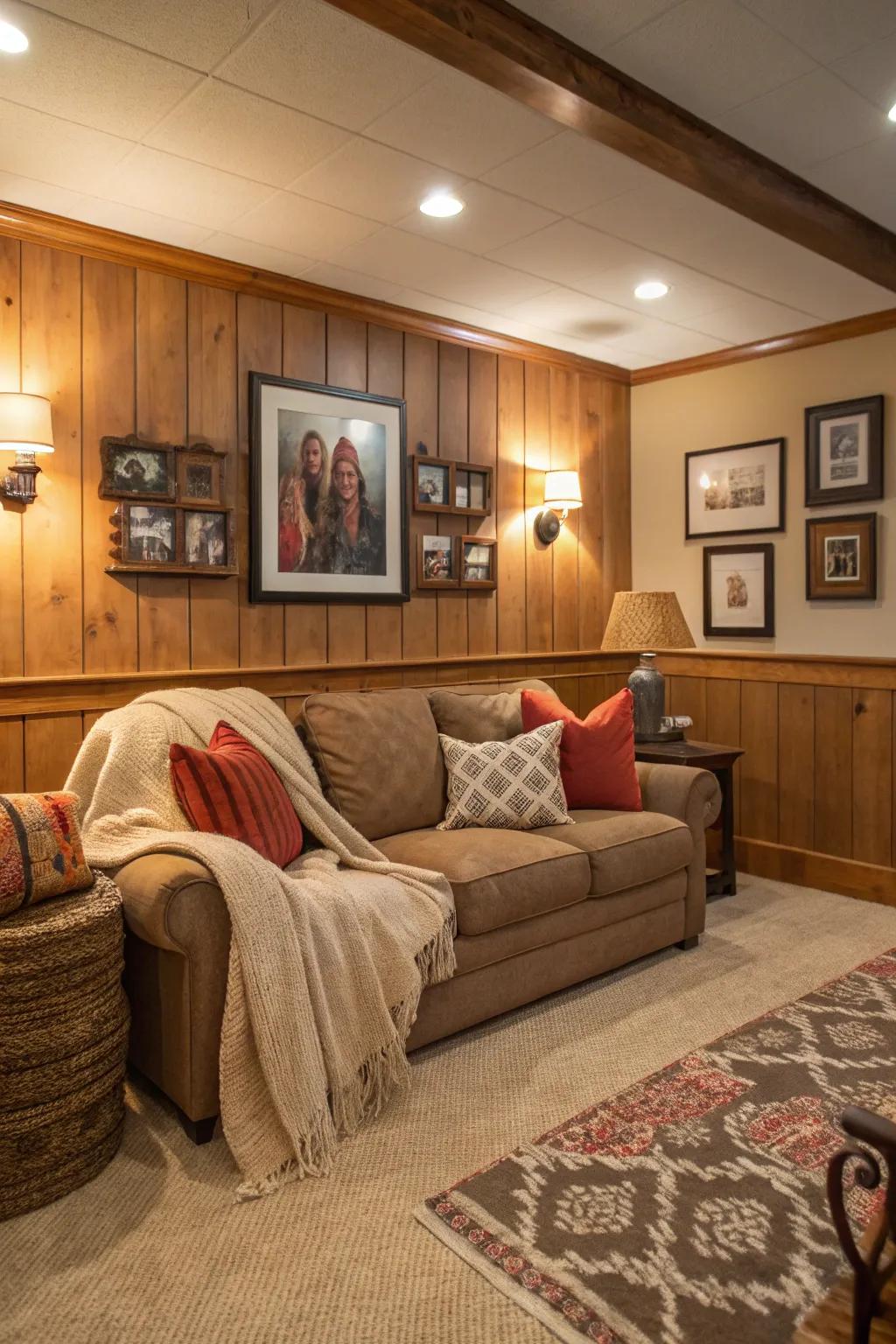 A warm family room with inviting shiplap wainscoting.