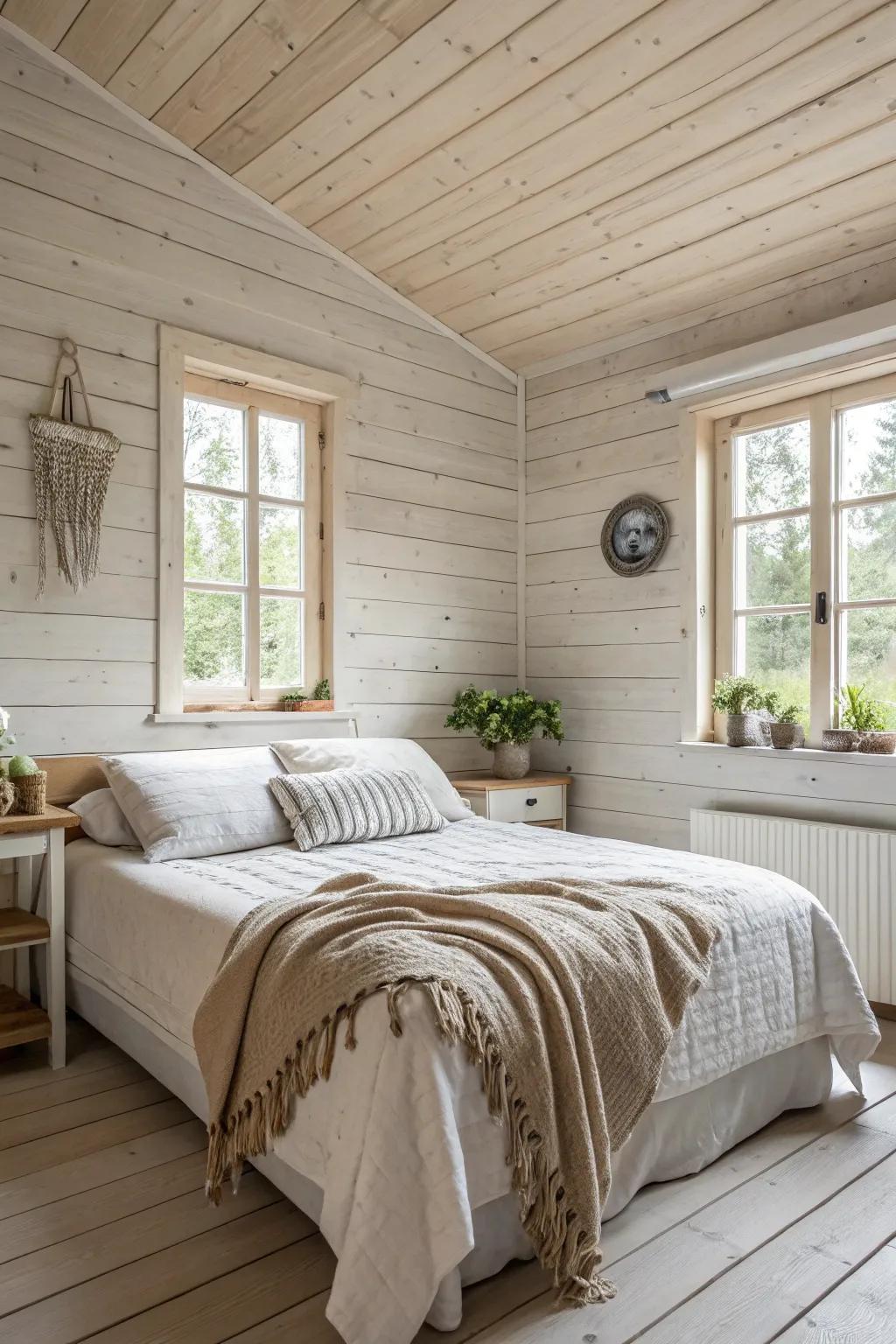 A Scandinavian-style bedroom featuring a light wood shiplap wall.