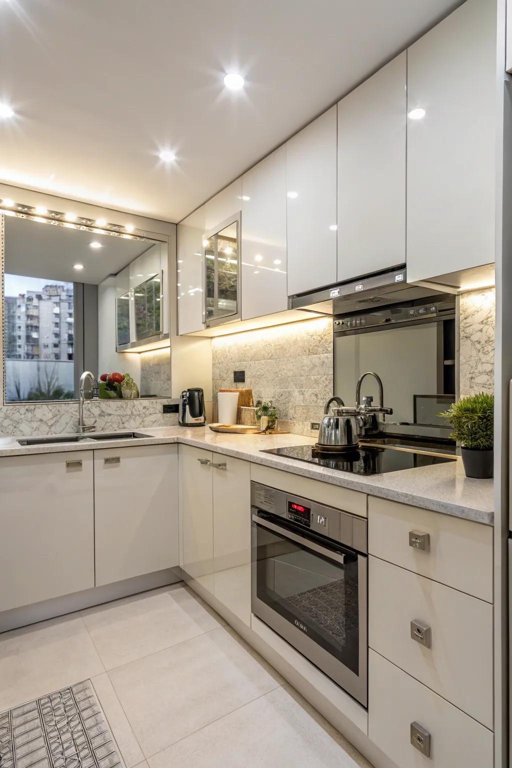 A mirrored backsplash enhances light and space in this compact kitchen.