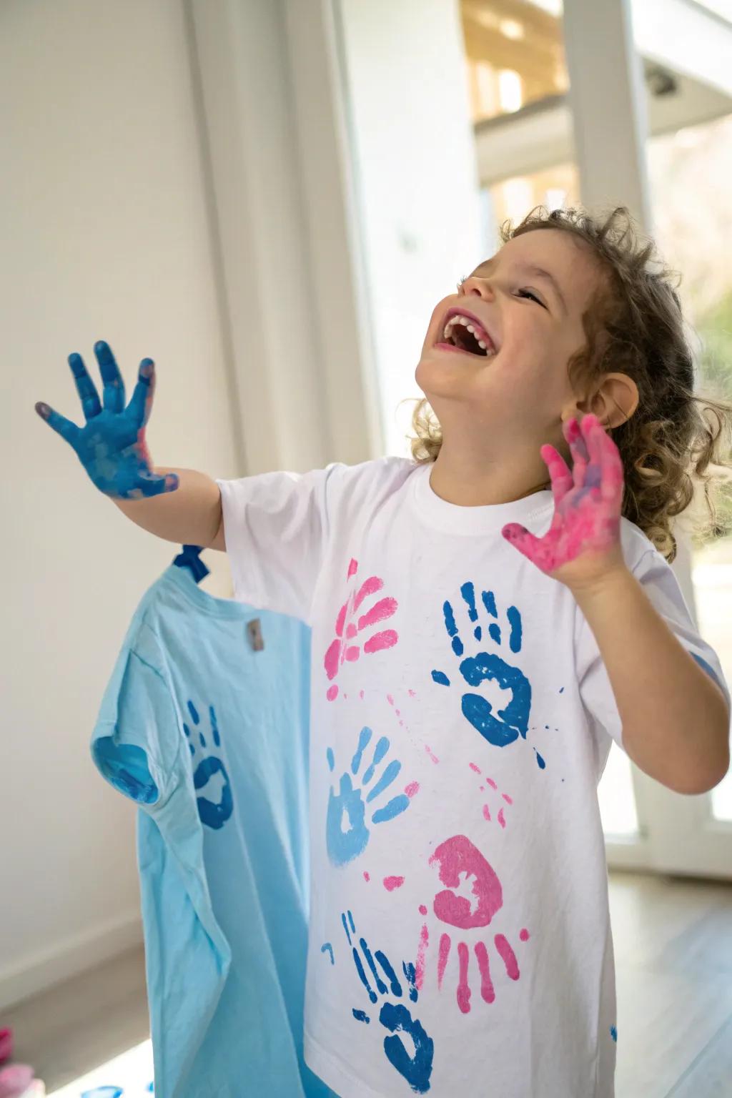 Siblings adding colorful handprints to reveal the gender.