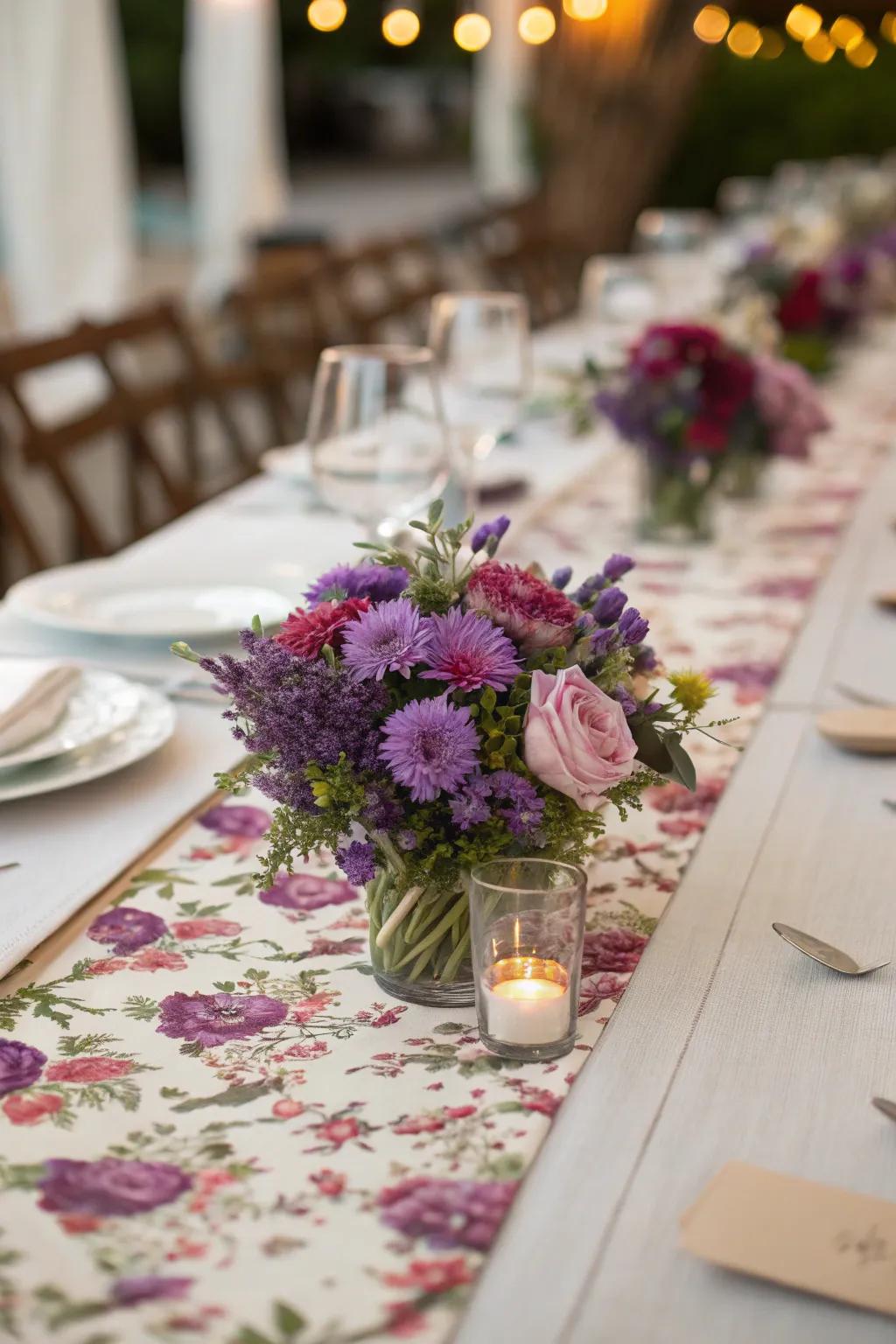 Purple floral runner creates a continuous and captivating centerpiece.