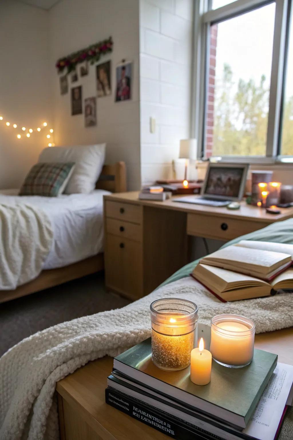 Scented candles add a personal touch and soothing aroma to a dorm room.