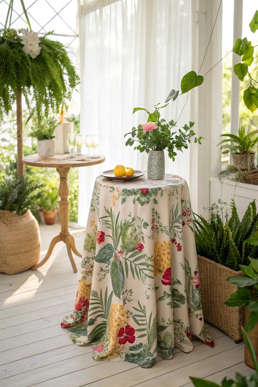 A side table with a floral print skirt, infusing the room with a whimsical and fresh vibe.