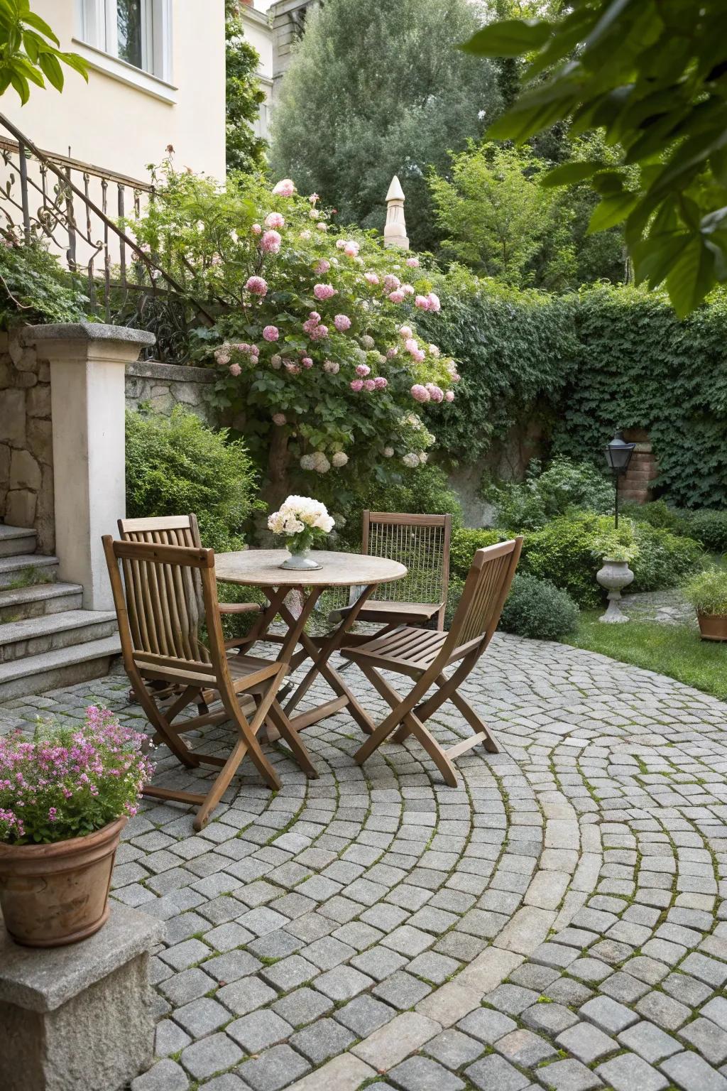 Cobblestones bring timeless charm to this classic patio setting.