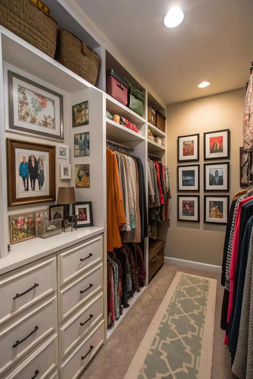 Personal decor elements turn a closet into a unique personal space.