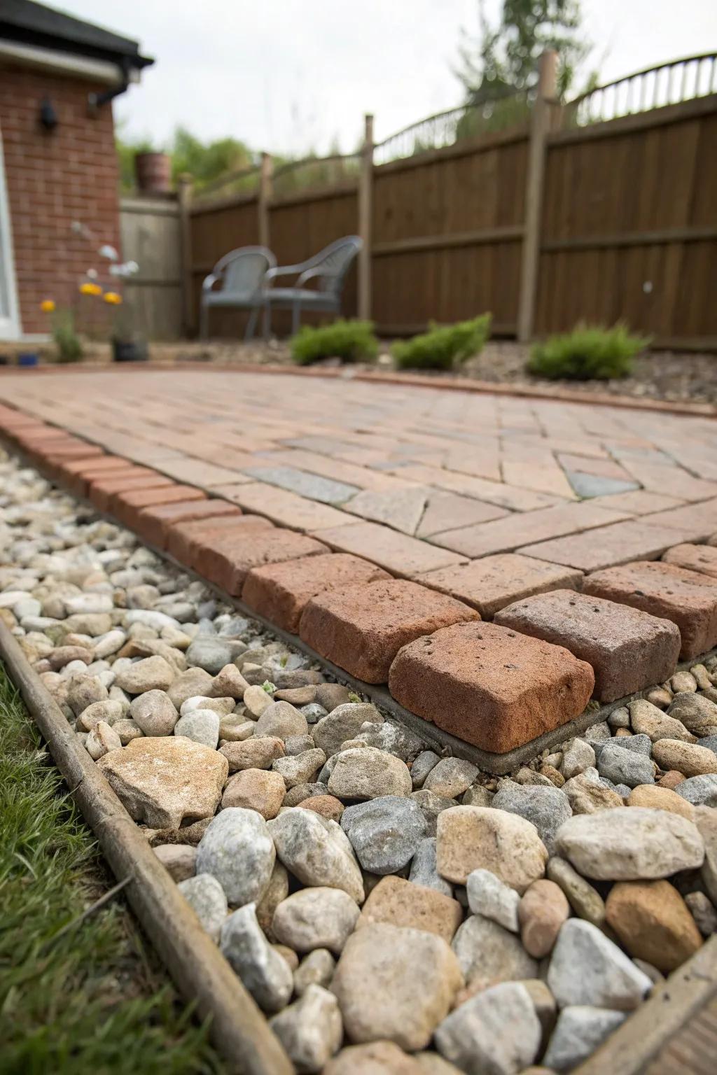 A brick patio surrounded by gravel creating a floating illusion.