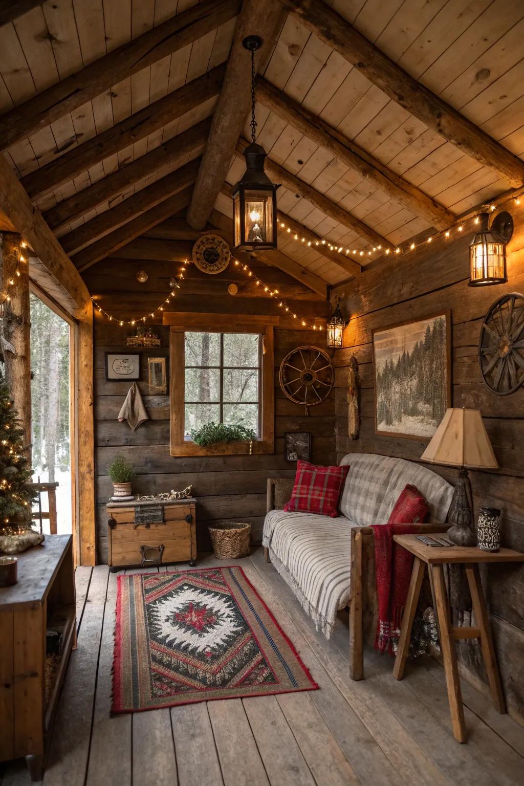 Rustic decor adds charm and warmth to small cabins.