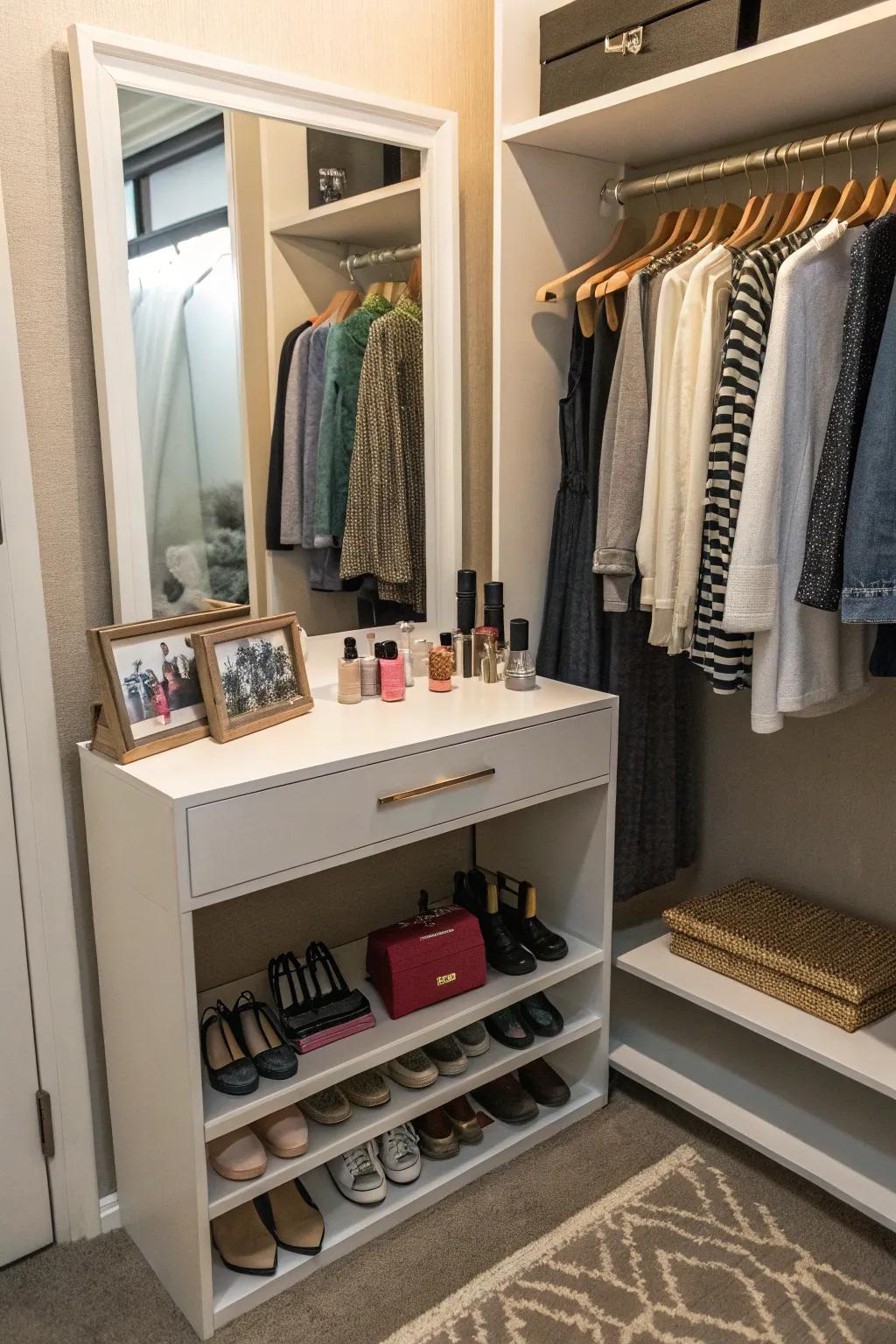 A mini vanity adds a personal and practical element to your closet.