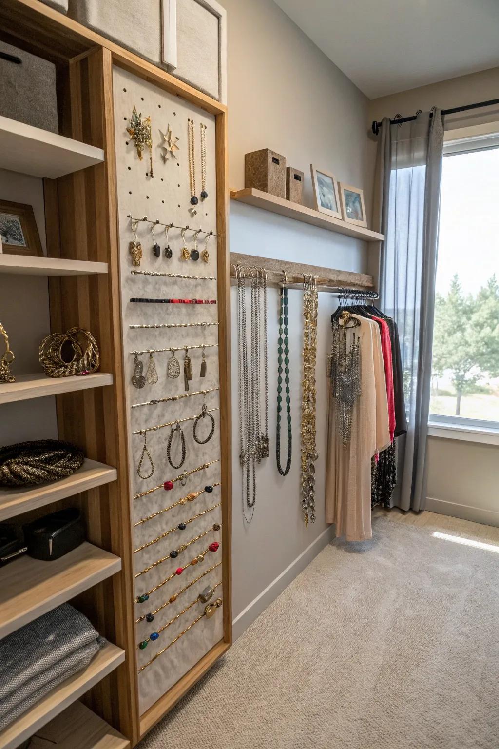 A jewelry organizer keeps your pieces neat and on display.