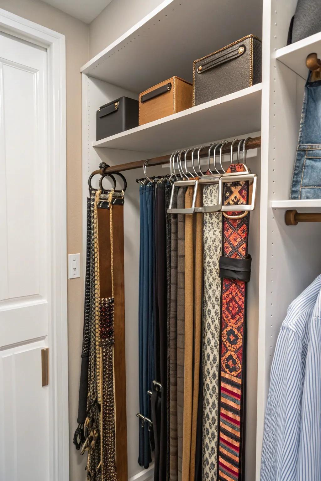 Sliding belt racks prevent tangles and save space.