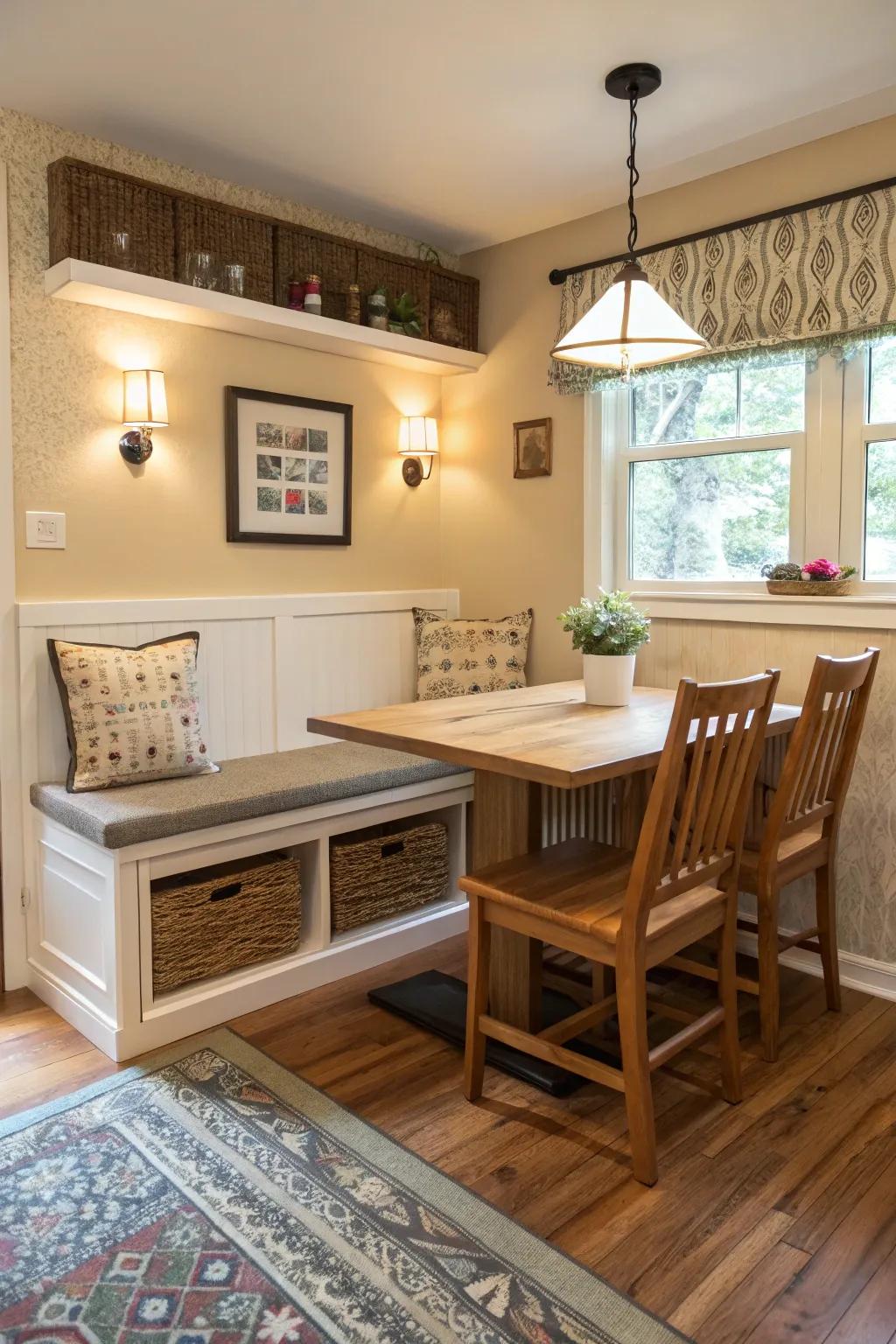 Built-in benches save space and add functional storage.