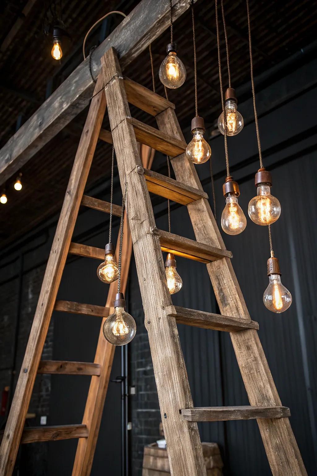 Elevate your space with a handcrafted upcycled ladder light fixture, where rustic charm meets industrial elegance.