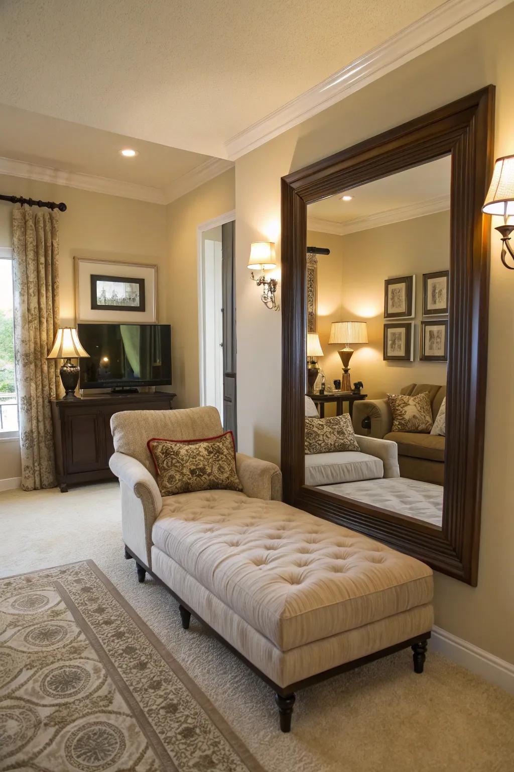 A stylish living room setup with a chaise lounge reflecting in a large mirror.