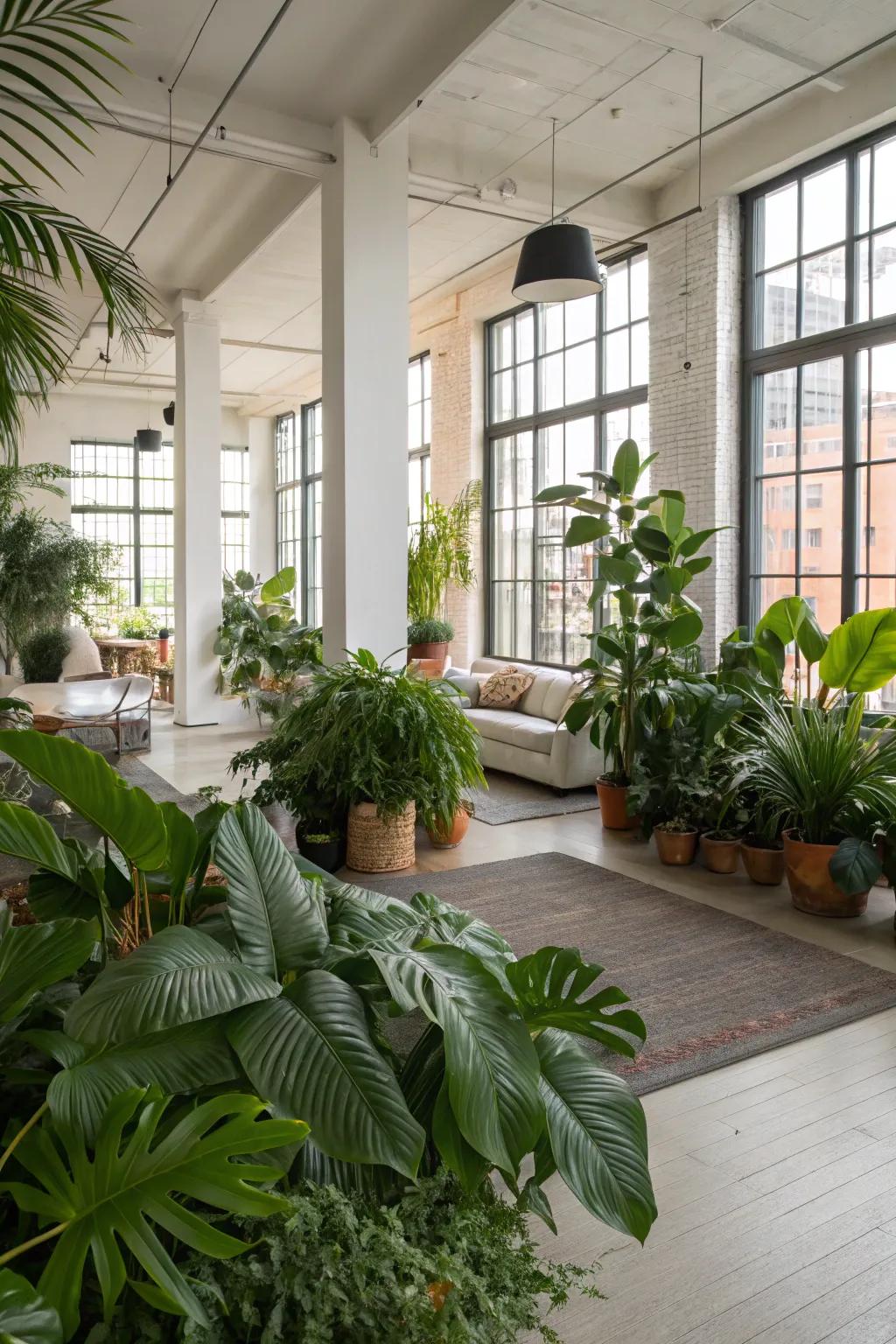 Indoor plants bringing life and freshness to a loft space.